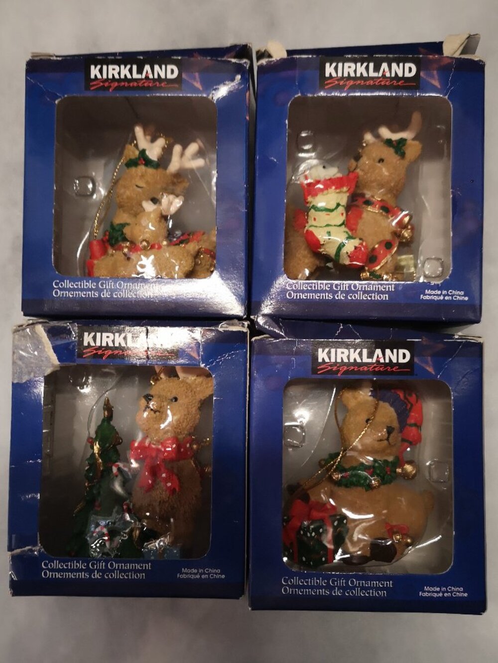 Kirkland Signature Collectable NIB Set of 4 Reindeer Gift Ornaments 3" Tall